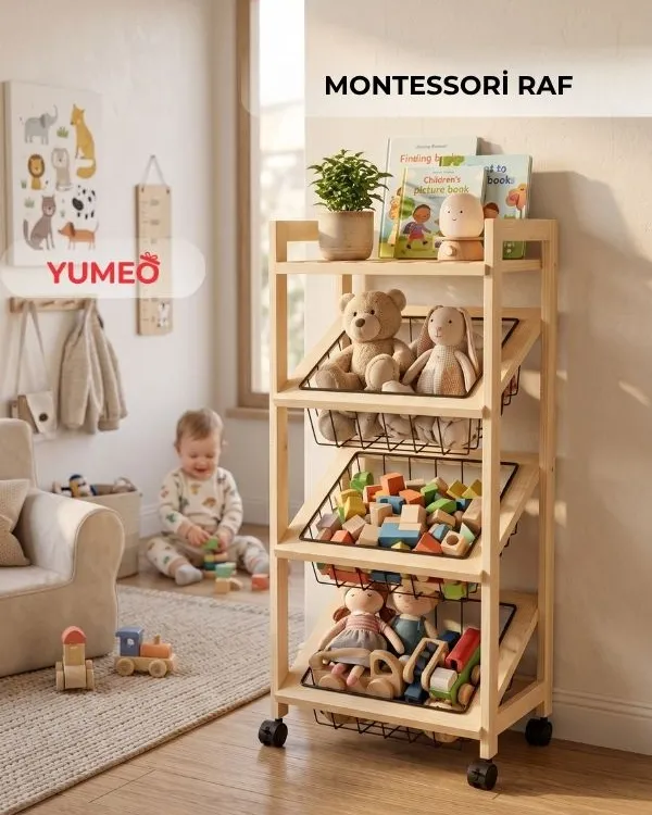 Yumeo Montessori Ahşap Oyuncak Düzenleyici Raf-4 Katlı Tekerlekli Çocuk Odası Organizeri ve Oyuncak Sepeti Metal Sepet