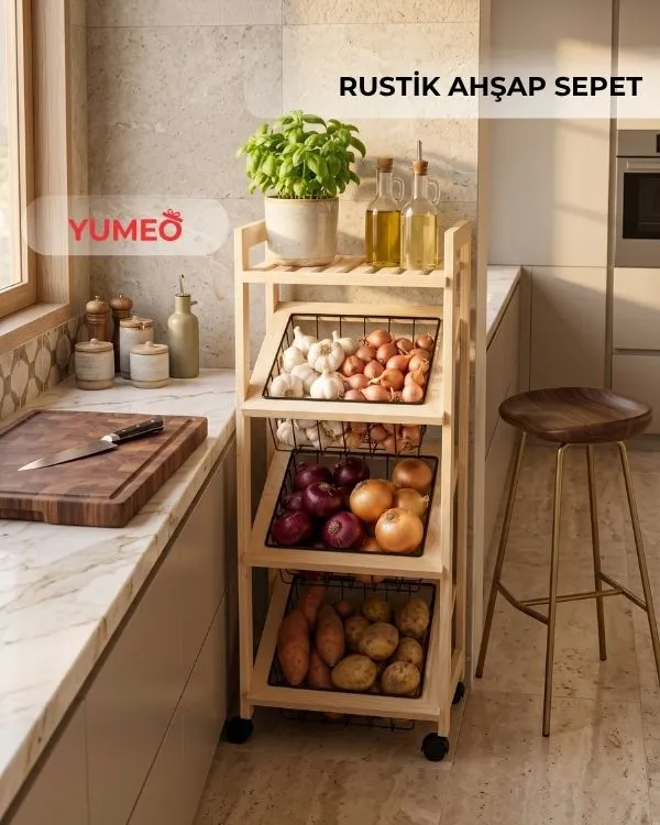 Yumeo Rustik Ahşap Mutfak Standı-4 Katlı Siyah Tel Sepetli, Tekerlekli Çok Amaçlı Düzenleyici